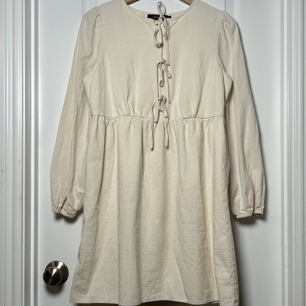 Zesica Cream Tie Up Balloon‎ Sleeve Babydoll Smock Mini Dress Cottagecore Style